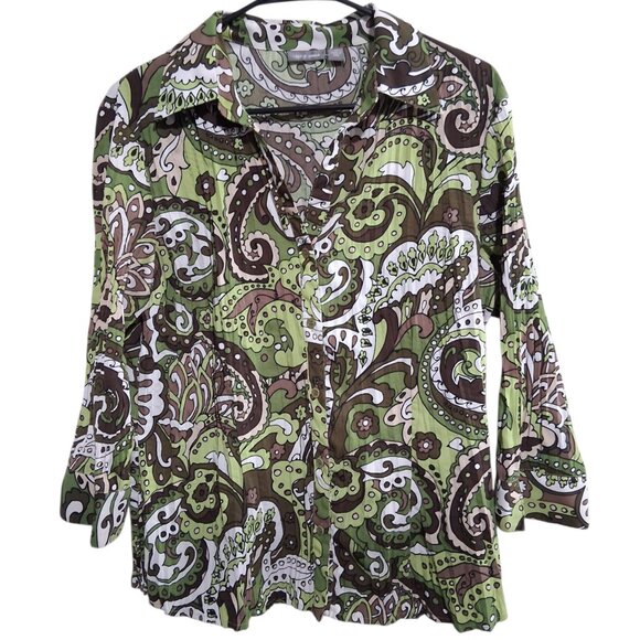 Apt. 9 Large Green & Brown Paisley Plissé Pleated Button Up Blouse - Picture 2 of 3